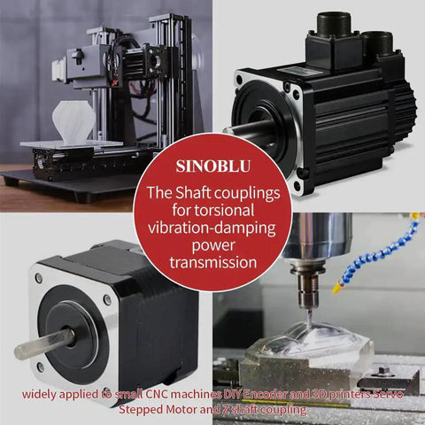 Collage showcasing CNC machine, stepper motor, and shaft couplings for vibration-damping power transmission in robotics projects.