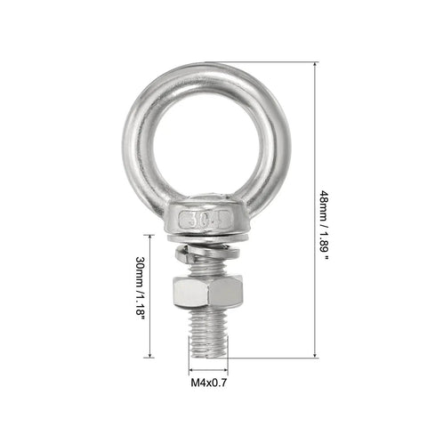Heavy Duty Stainless Steel Eye Bolts Set Of 4 With Shoulder Ring Nuts And Washers For Lifting And Hanging Indoor Outdoor Use Rust Resistant Eye Bolts 4 Mm By 30 Mm With 3 Sixteenth Inch By 1.18 Inch Size displayed with dimensions