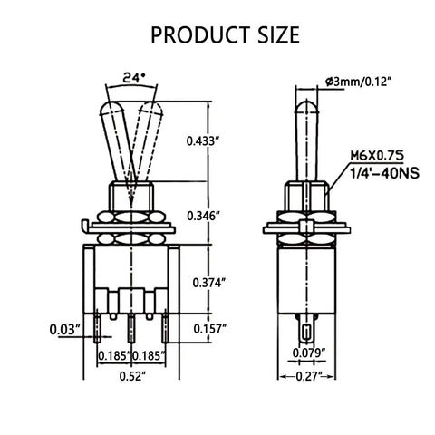 Technical diagram of Mini Momentary Toggle Switch SPDT 3 Position On Off On Waterproof Cap showing dimensions and measurements