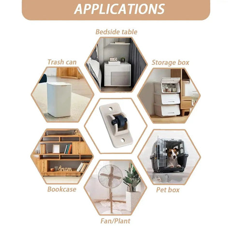 Application examples of 12 Pcs Self Adhesive Caster Wheels Low-Profile Rollers on trash can, bedside table, storage box, and pet box.