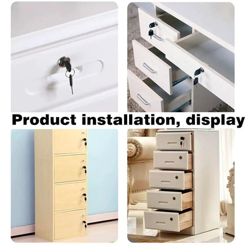 Go-To Silver Cabinet Drawer Lock With 19Mm Hole on various cabinets and drawers, showcasing installation and use in different styles and colors.