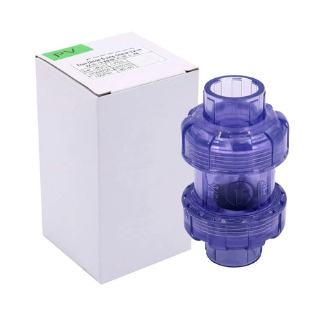 Blue translucent UPVC 3/4 inch true-union swing check valve with white packaging box