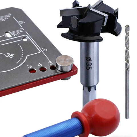 Precision Cabinet Locator Kit For Door Hinge Alignment With Pro Adjustable Template Jig And Measurement Guide Quick Setup For Woodworking Kitchens Cabinets And Furniture Assembly showing close-up of components including drill bits and template.