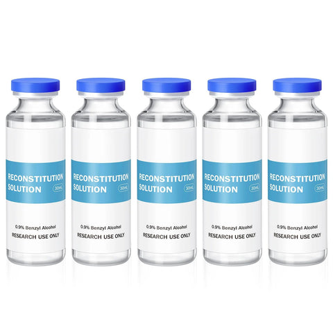 Reconstitution solution glass vials, 30ml, 5-pack with blue caps, labeled 0.9% benzyl alcohol for research use only