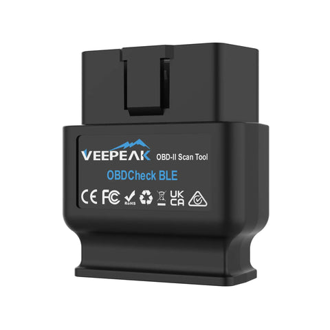 OBD2 Bluetooth Car Diagnostic Scanner For IOS And Android With BLE Read And Clear Check Engine Codes Live Data Freeze Frame O2 Sensor Tests IM Readiness, side view showing connector and logo.