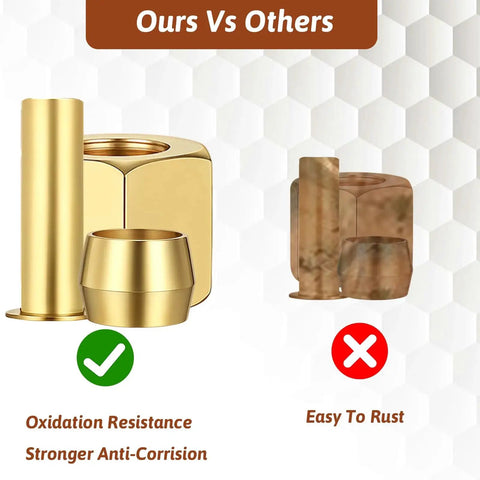 Brass One Quarter Inch Compression Fittings Assortment Kit with sleeves and nuts, showing oxidation resistance vs rust in comparison chart