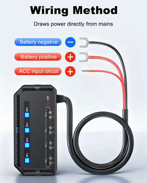 Wiring method for 12V Motorcycle Fuse Block Kit With 20A Relay Box And LED Indicator showing battery and ACC connections.