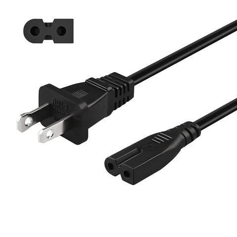 Nine Point Eight Foot Sewing Machine Power Cord 2 Prong Cable for Home Sewing Machines Tough As Nails ABS PC Wire Compatible With Brother Singer Bernina Pfaff Viking White Baby Lock And More shown with close-up of 2-prong plug.