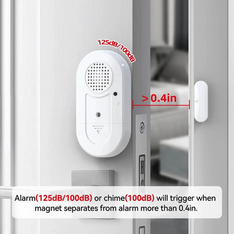 Door Window Alarms 5 Pack 125dB With Volume Control Wireless Sensors installed on a door, demonstrating separation alert mechanism