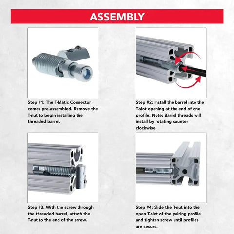 90 Degree Internal T-Matic Connector With Steel Screw Threaded Barrel and T-Nut Assembly Instructions for Aluminum Extrusions