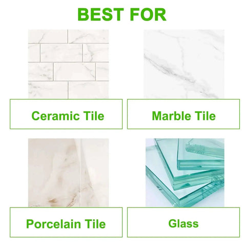 Image showing types of tiles: ceramic, marble, porcelain, and glass suitable for Three Quarters Inch Diamond Hole Saw For Tile And Glass Drilling With Guiding Drill Bit Pro Grade For Ceramic Porcelain Marble Granite Quartz Countertops And More High Precision Electroplated Diamond Tool.