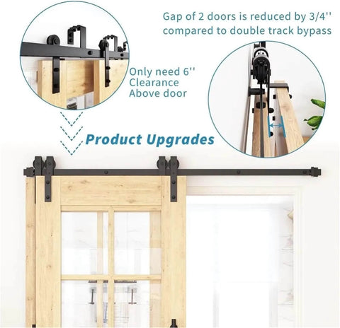 Five Foot Single Track Barn Door Hardware Kit for Double Wooden Doors With Flat Track Rollers installed on wooden doors