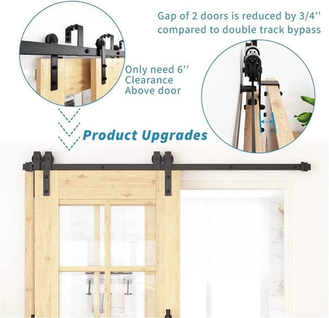 5 Foot Barn Door Hardware Kit For Single Track, Double Wooden Doors With Flat Track Roller System, installed view