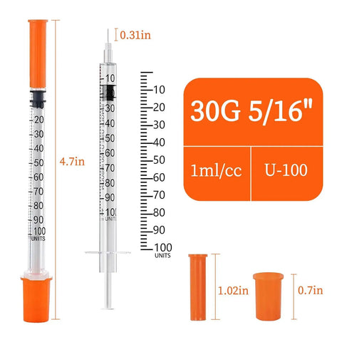 One Milliliter Syringe With 30G 8mm Needle, Individually Wrapped Pack Of 30 with measurements and packaging details visible