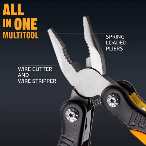 12 In 1 Mini Multitool Pocket Tool With Pliers Folding Knife Wire Cutter Saw And Bottle Opener For EDC Camping Hiking And Everyday Use A Dope Rugged All In One Gear For Men And Women displaying spring-loaded pliers and wire cutter features