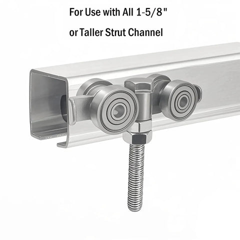 Four Wheel Trolley Assembly With Silent Wheels For Barn Doors Sliding Doors And Garage Doors Fits 1-5/8 Inch Wide And Taller Hanging Track 4 Pack Hidden Bolt Design For Smooth Quiet Operation For Long Lasting Performance, showing side view installed on track.