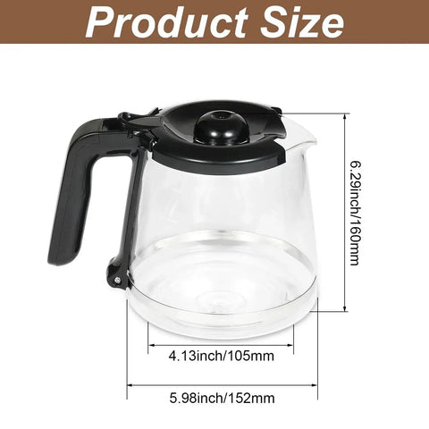 Glass 12-cup coffee carafe with black lid and handle; replacement pot for Mr. Coffee, Amazon brand.