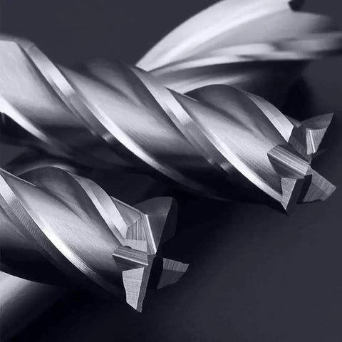Close-up of Pro Grade High Speed Steel End Mill Cutter Set Of Six With Four Flute Straight Bits for hard metals and DIY milling.