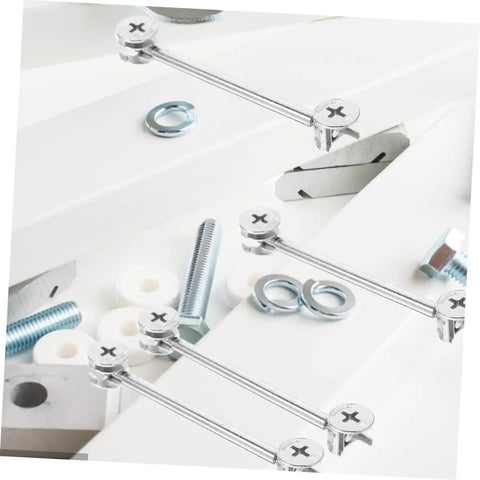 20 Set Cam Fittings Kit For Cabinets With Connectors And Dowels Easy Assembly No Fuss Strong Load Bearing Lightweight And Portable Ideal For Furniture Panels And Office Cabinets, close-up view showing silver iron and zinc alloy parts.