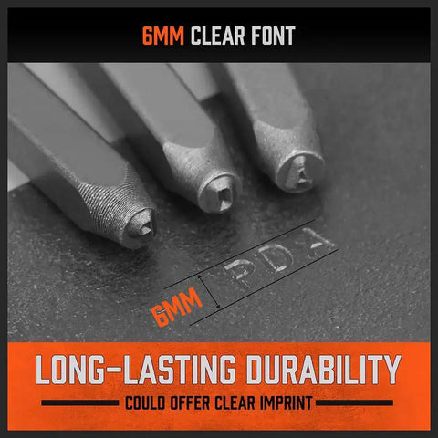 Close-up of Easy To Pick 37 Piece Metal Letter And Number Stamp Set showing 6mm stamps with clear imprint of PDA on metal surface.