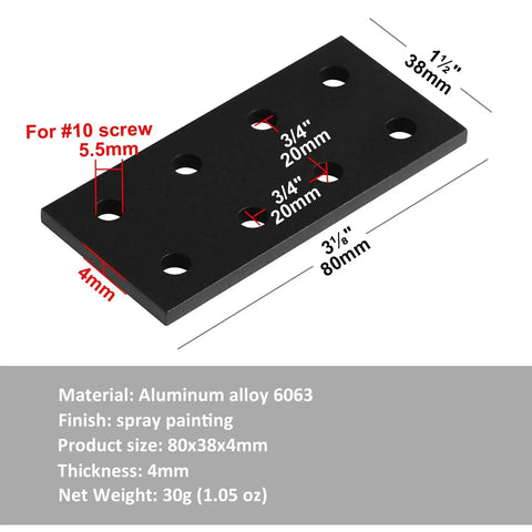 Ten Pack Flat Joining Plates for 2020 and 2040 T Slot Aluminum Profiles, Eight Hole 20 Series Straight Plates Black, Four Millimeter Thick