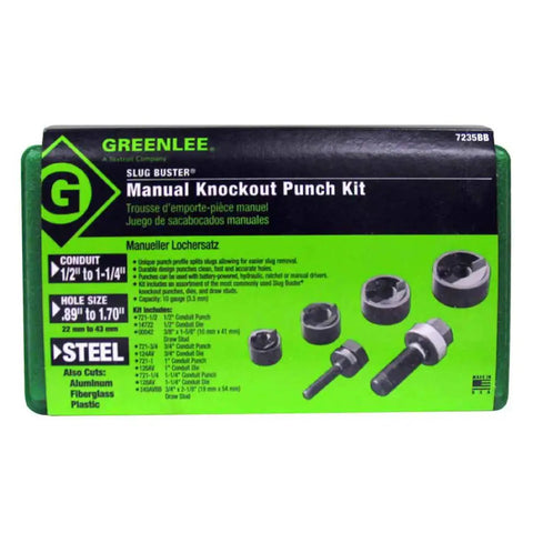 Slug Buster Rugged Manual Knockout Set For 1/2 To 1-1/4 Inch Punches And Dies With Draw Studs And Carrying Case packaging