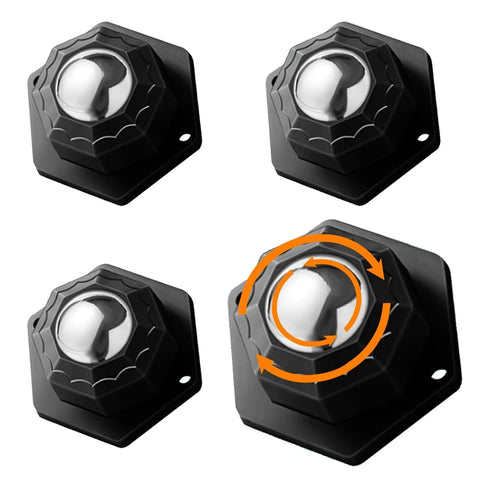 4 Pack Ball Bearing Rollers 360 Degree Swivel Casters Self Adhesive Mini Caster Wheels 200 Pound Capacity shown in black and silver.
