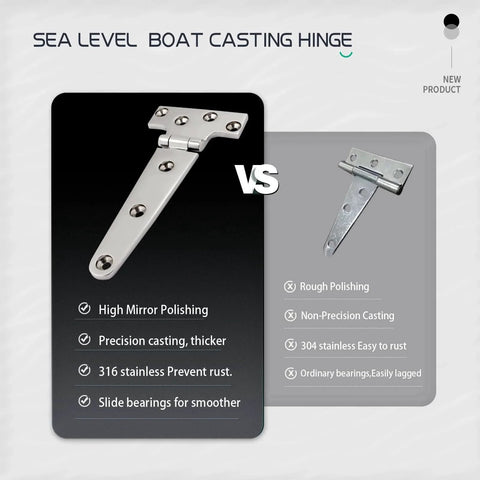 Comparison of 316 stainless steel T hinge marine grade vs non-precision hinge with features listed