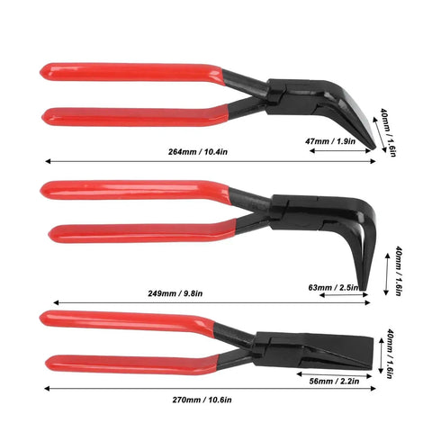 Three Piece Metal Bending Pliers Set with Straight 45 Degree and 90 Degree Jaws for Precision Sheet Metal Bends in Tight Spaces