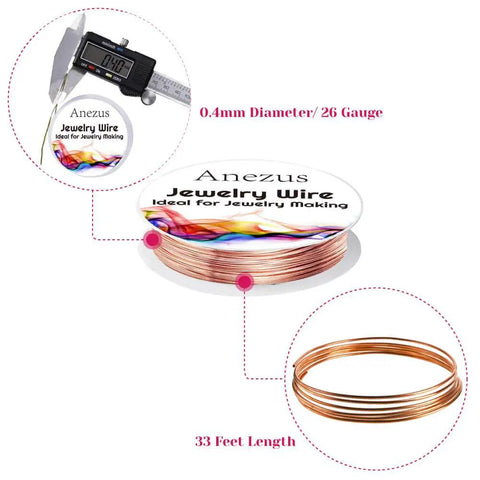 12 Rolls Tarnish Resistant Jewelry Wire Set For Beading And Jewelry Making In 12 Colors Including Silver Gold Rose Gold Bronze Red Rose Red Black Coffee Blue Purple Dark Green Green, showing 0.4mm diameter wire on a spool.