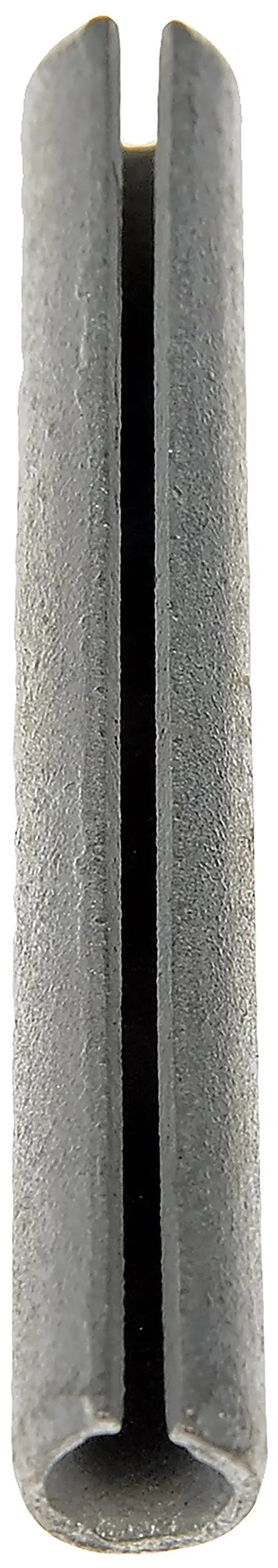 Close-up of a single roll pin, showing the split design, with a 0.25 inch diameter and 2 inch length, part of a 25 pack.