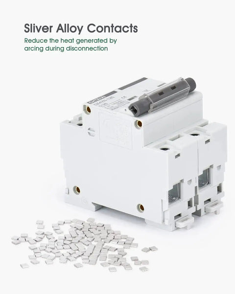 80 Amp 2 Pole AC Miniature Circuit Breaker With Thermal Magnetic Trip For 120V 240V DIN Rail Mount Solar Disconnect MCB 2P C80 Overload And Short Circuit Protection DIY Friendly Panel Mount Heavy Duty Electrical Breaker, showing side view with silver alloy contacts.