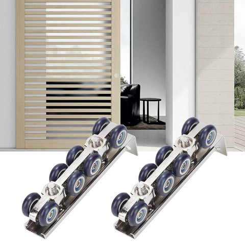 Beefy Eight Wheel Door Track Pulley System Heavy Duty Sliding Door Hardware With Zinc Alloy And Cold Rolled Steel Easy Install Rugged Hanging Wheel Kit For Home Office And Commercial Use Measures 13 X 3.5 X 2.2 Cm shown uninstalled with sliding door