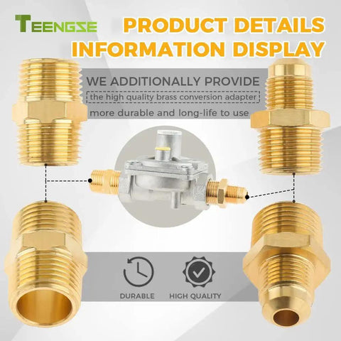 1/2 Inch Natural Gas Pressure Regulator with interchange pressure regulator design and brass NPT conversion adapter display