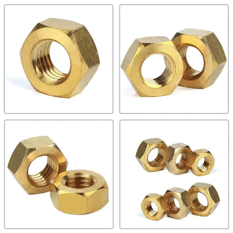High Strength Brass Hex Nuts Set 160Pcs Metric M2 M2.5 M3 M4 M5 M6 M8 M10 Assortment Kit shown in four views