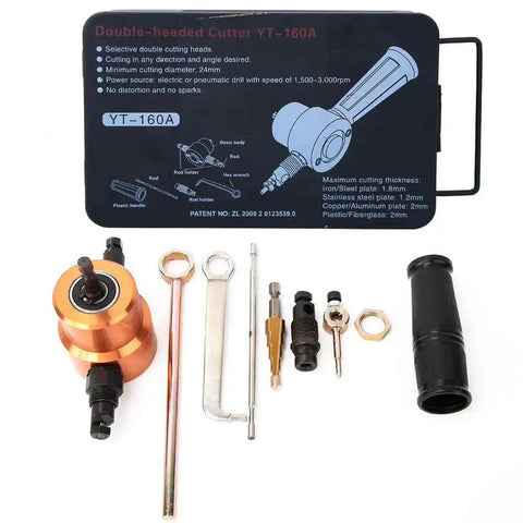 360 Degree Double Head Sheet Metal Cutter Do It All DIY Nibbler Drill Attachment with accessories and storage case