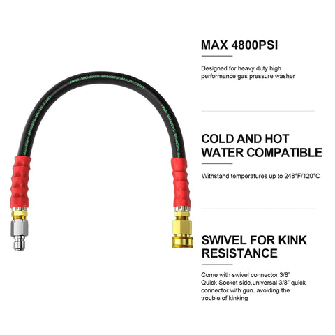 POHIR 3/8-inch pressure washer whip hose, 2 ft, black hose with red grips and brass quick-connect fittings.