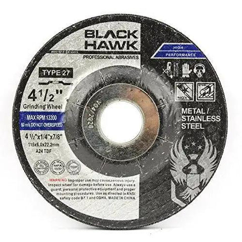 Front view of Black Hawk Heavy Duty Four And A Half Inch Metal Grinding Wheels For Angle Grinders With One Quarter Inch Thick And Seven Eighths Inch Arbor A24T Aluminum Oxide For Aggressive Grinding And High Stock Removal Fiberglass Reinforced For Safety Five Pack