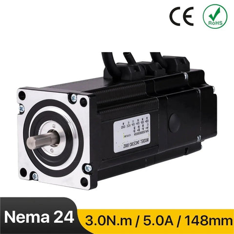 Front view of a NEMA 24 closed-loop stepper motor with black housing, silver mounting face, and exposed shaft.