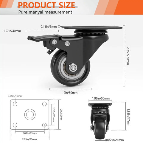 2 Inch Heavy Duty PU Caster Wheels Set of 4 With 2 Swivel Casters With Brakes and 2 Fixed Non-Marking Plate Casters for Furniture, Workbenches, Carts, and Garage Equipment Ideal For Heavy Loads, Smooth Maneuverability, Floor Protection. Side view with dimensions.