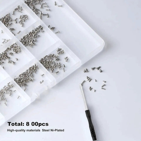 Electronics Micro Screws Kit With 800 Pieces Pro Grade Nickel Plated Carbon Steel Phillips Pan Head Self Tapping Machine Screws For Electronics Repair In Small Size Range M1 M1.2 M1.4 M1.6 M1.7, showing screws and tool in a tray.