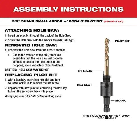 Assembly instructions for 3/8 inch shank small arbor with cobalt pilot bit, showing pilot bit, threads, hex slot, and shank.
