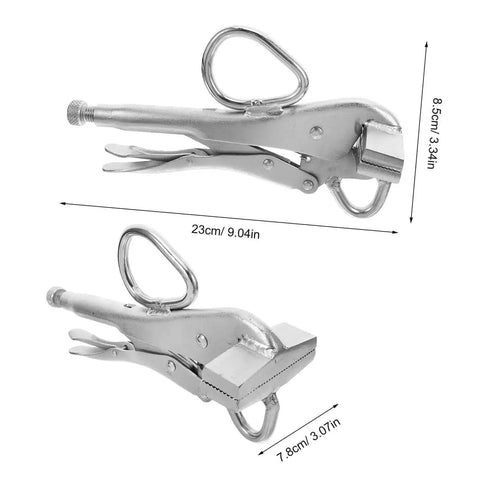 Adjustable Locking Sheet Metal Clamp Plier With Wide Flat Duckbill for auto body repair and welding, side view dimensions.
