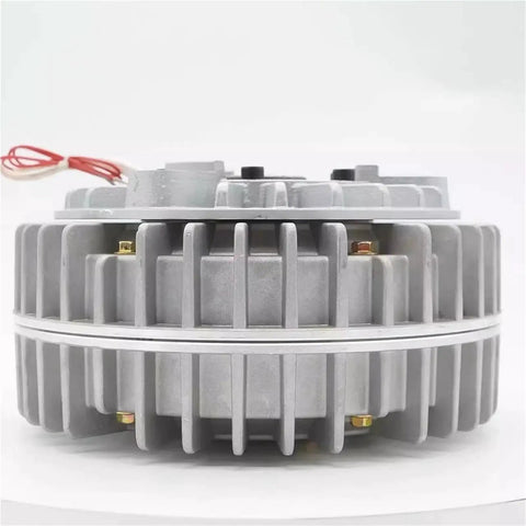 Shell rotating hollow-shaft magnetic powder brake, side view, finned aluminum housing, 24V hole-type tension controller