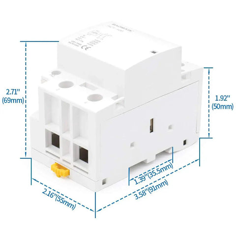 Heavy Duty AC Contactor 2 Pole 2NO 110V Coil DIN Rail Mount shown with dimensions, white housing