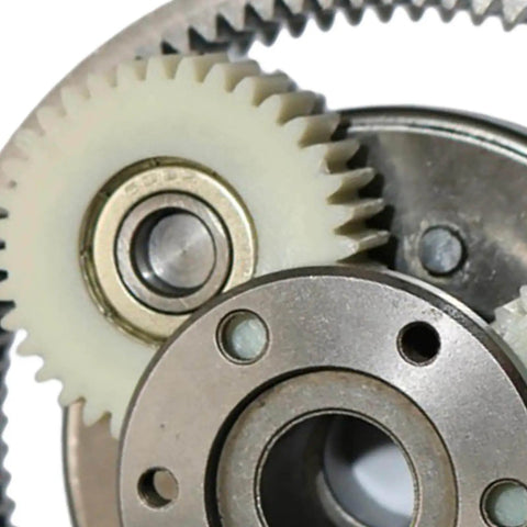 Close-up of 36T Gear With Clutch For Electric Bike Motor, featuring the 38mm outer diameter solid spur gear set in argent and white finish.