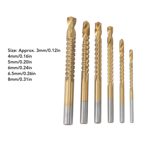 Six Piece Serrated Twist Drill Bit Set For Wood PVC And Plastic Chamfering Grooving Includes 3 4 5 6 6.5 And 8mm Bits