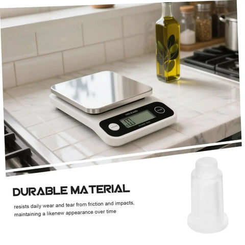 Digital kitchen scale on countertop with image of one transparent rubber foot, 10 Pcs Scale Pan Feet Rubber Feet For Electronic Scales Replacement Parts Leg Pads For Weighing No Tools Needed Quick Install Easy To Attach Stabilize Your Scale And Improve Accuracy