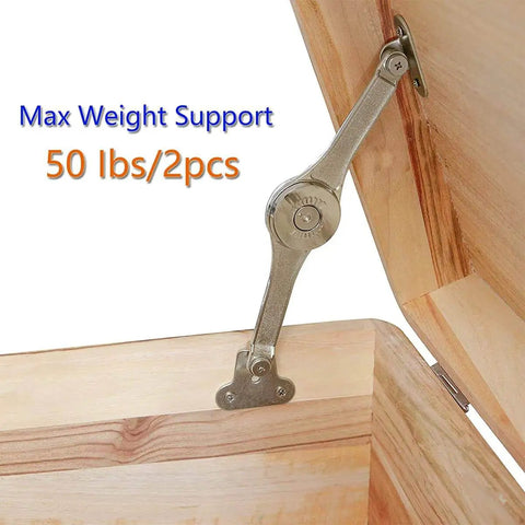 Heavy Duty Toy Box Hinges With Soft Close Lid Support for Wooden Chest shown installed on a wooden box lid, supporting 50 lbs.