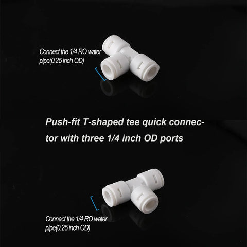White POM push-fit 3-way T/Y fittings for 1/4 in OD RO tubing; 10-piece set (5 T-shaped, 5 Y-shaped).